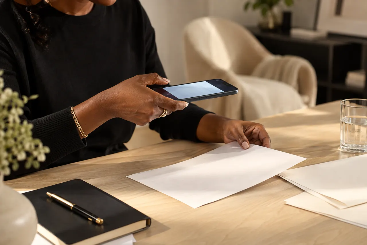 A business owner photographing a document at her desk